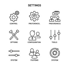 Fototapeta premium Settings icon set in modern line style. The icons represent control, preferences, options, configuration, tools, system, and custom settings. Great for user interface design and software development