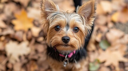 Cute Small Dog with Fluffy Ears in Autumn Leaves Landscape