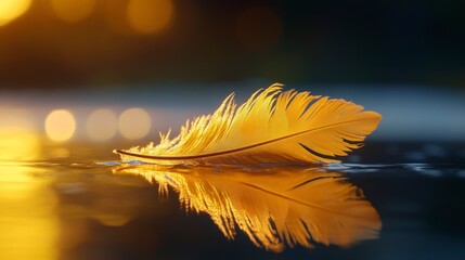 Vibrant Yellow Feather Floating on Reflective Water Surface at Sunset