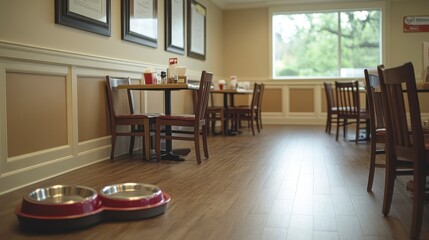 Modern Restaurant Interior with Dining Area and Pet Bowls