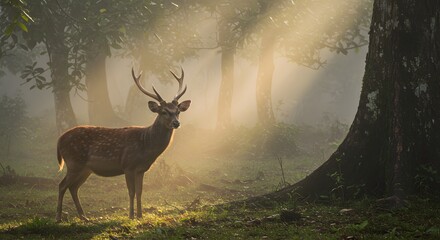 Obraz premium Ethereal Bawean Deer in Misty Golden Hour Sunbeams in Indonesian Rainforest