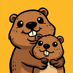 Fototapeta premium Cute Cartoon Beavers Embracing with Cheerful Expressions and Smiles