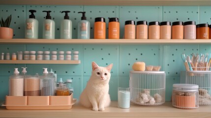 Cozy Cat in a Bright Aesthetic Home Spa with Skincare Products