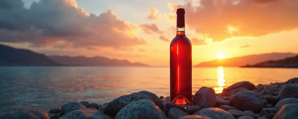 Bottle of rose wine rests on pebbled beach at sunset. Ocean waves reflect golden sunlight. Scenic coastal view suggests relaxation, romantic evening. Perfect for summer vacation, celebratory drink