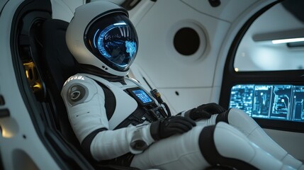 Astronaut in Futuristic Spacecraft with Advanced Technology Interface