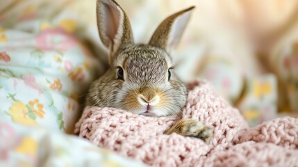 Adorable Rabbit Snuggled in Soft Pink Blanket on Cozy Bed