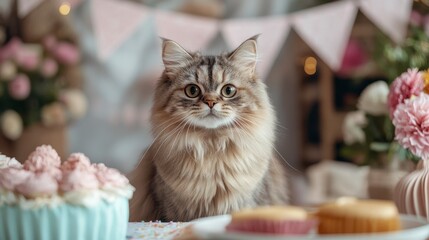 Cute Cat Surrounded by Cakes and Flowers in Festive Setting