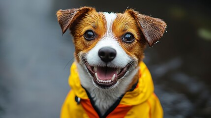 Happy Dog in Bright Raincoat Smiling in Puddle on Rainy Day