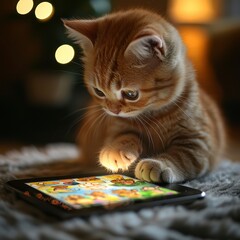 Curious Ginger Cat Interacting with Tablet Screen in Cozy Environment