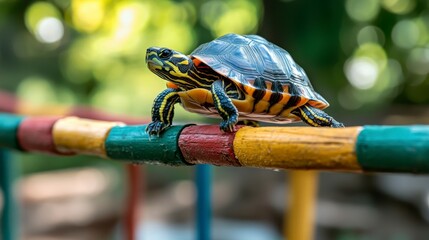 Colorful Turtle on a Playground Bar in a Natural Setting