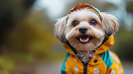 Happy Dog in Colorful Raincoat Smiling Outdoors in Nature