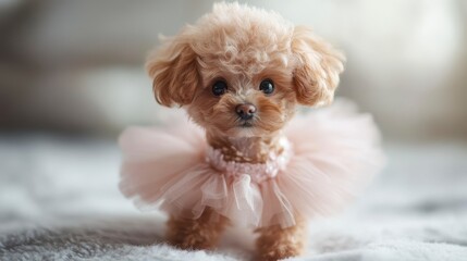Adorable Toy Poodle in Tutu Costume Posing for Portrait Photography