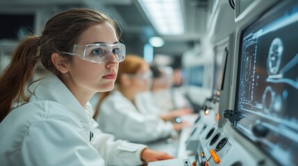Young Female Scientist Analyzing Data in Modern Research Laboratory