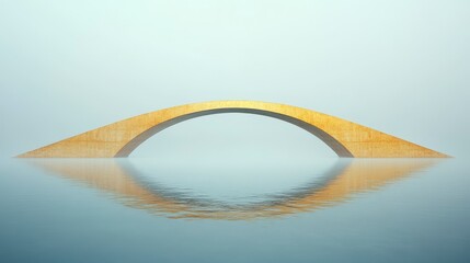 Golden Arch Bridge Reflecting on Tranquil Misty Water Surface