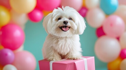 Happy Small Dog on Gift Box Surrounded by Colorful Balloons