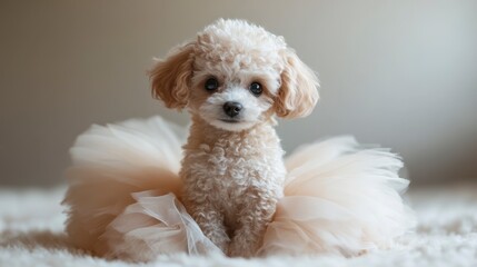 Cute Small Poodle Dog Wearing a Soft Tulle Tutu Skirt at Home