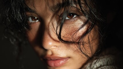 Close-up portrait of a young woman with dark curly hair partially covering her face, highlighting her eyes and subtle freckles