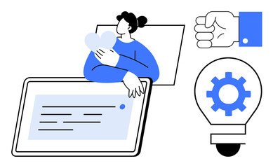 Woman holding heart over tablet, illustrating connection and affection. Includes gear-filled bulb suggesting innovation and a hand gesture symbolizing approval. Ideal for technology, innovation