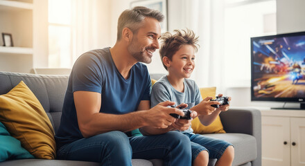 Father and son enjoy quality time playing video games on the sofa.