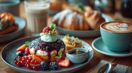 Scrumptious breakfast feast with delightful pastries and coffee
