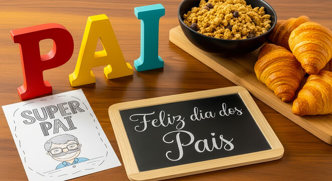 Father's Day breakfast setting with "Feliz dia dos Pais" chalkboard message and croissants