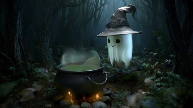 Cartoon ghost video with witch hat floating over a spooky cauldron