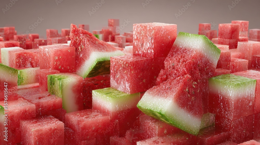 Poster three-dimensional watermelon cubes create an abstract structure with an open upper section showcasin