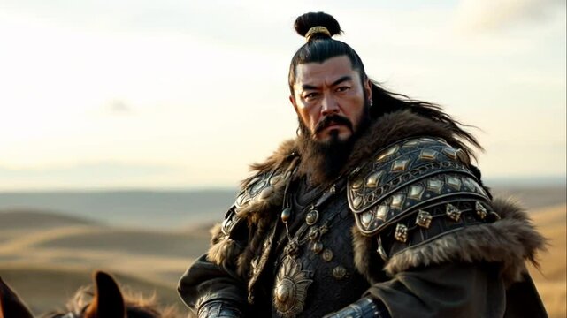 Powerful Mongolian General on Horseback in the Steppes A Majestic Portrait of a Warrior