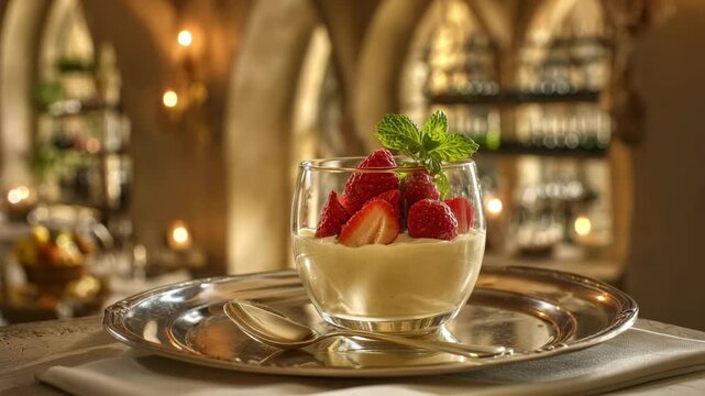 Elegant creamy dessert in a glass, topped with fresh strawberries and mint.
