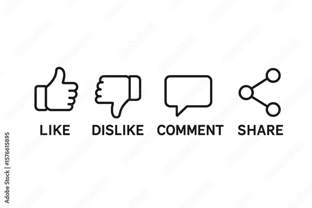 Poster social media reaction icons set. like, dislike, comment, share buttons. vector line art symbols for 