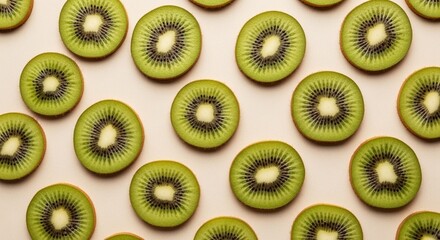 Sliced kiwi fruit arranged in a pattern on a beige surface, top view