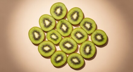 Sliced kiwi fruit arranged in a pattern on a beige surface, top view