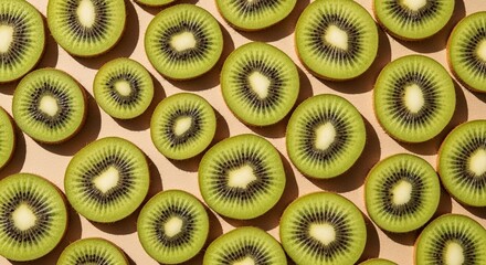 Sliced kiwi fruit arranged in a pattern on a beige surface, top view