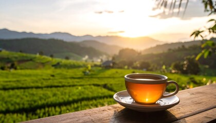 Scenic cup of tea at sunrise over rice terraces