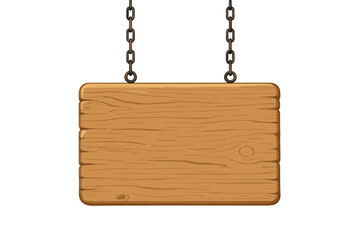 Blank wooden sign hanging on a chain. Old wood plank signboard. Rustic billboard for message. Vintage western background. Retro banner empty frame for advertisement text.
