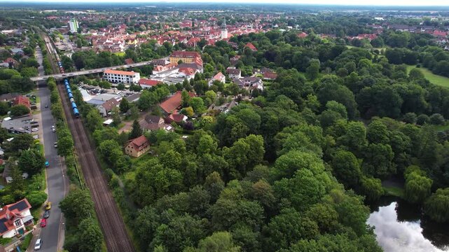 Aerial view around the old town in the city Celle on an sunny spring day