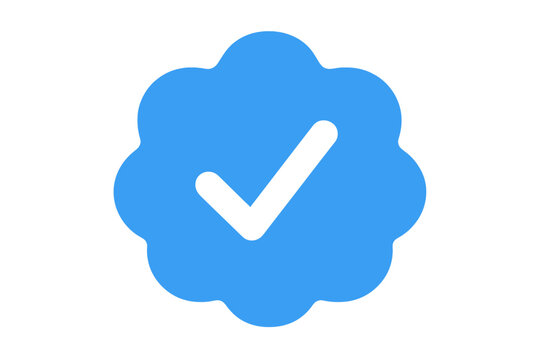 Blue tick social media verified account icon. Approved profile sign. Check mark symbol for authentic user. Official security badge vector illustration for web and app design.