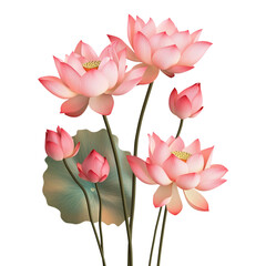 Fototapeta premium realistic bunch lotus flowers isolated on white background. Generative AI