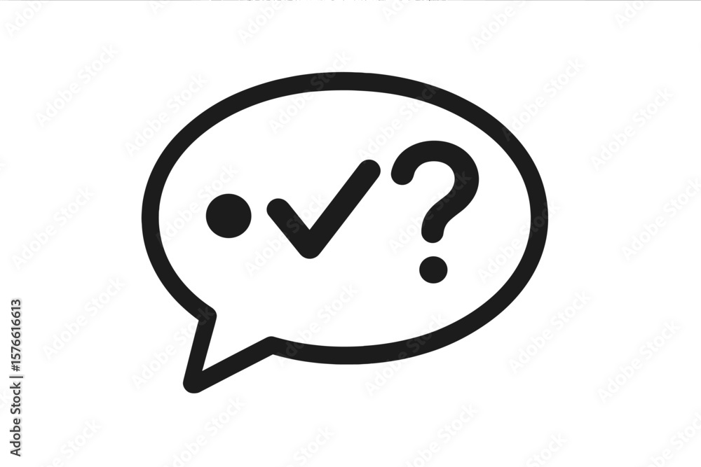 Poster message icon with question mark, checkmark and dot in speech bubble. chat symbol for poll, survey, q