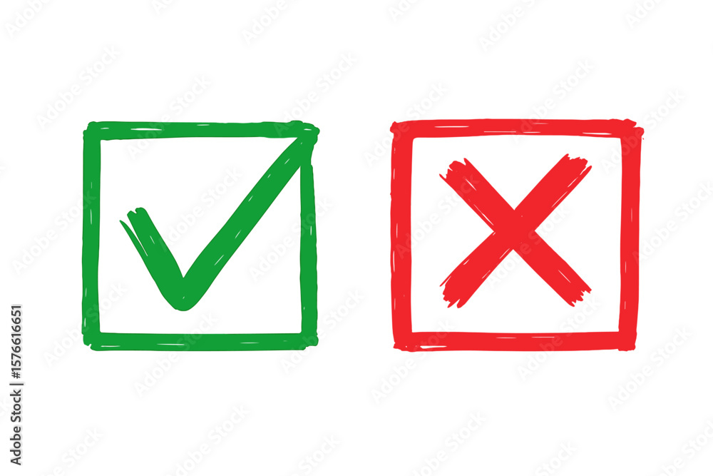 Poster hand drawn check mark and cross icon set. green tick and red x in brush stroke style. checkbox symbo