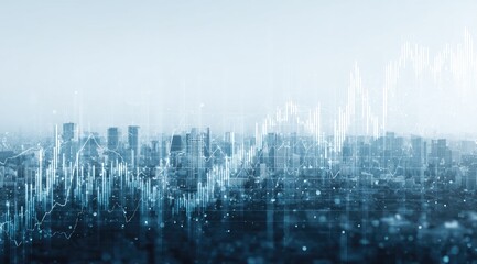 Skyline cityscape overlaid with abstract financial data, predominantly blue tones, suggesting economic growth or technological advancement