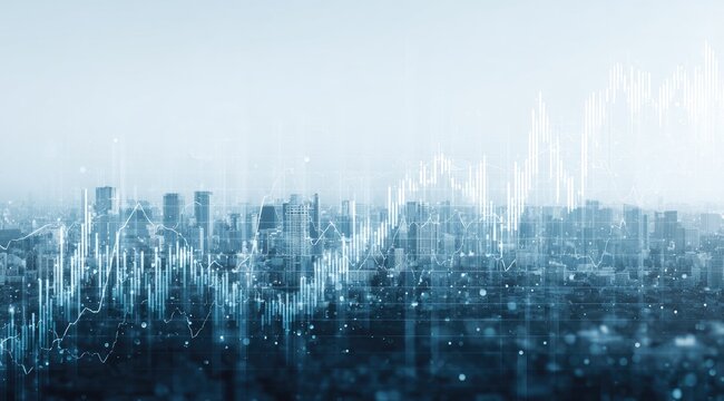 Skyline cityscape overlaid with abstract financial data, predominantly blue tones, suggesting economic growth or technological advancement