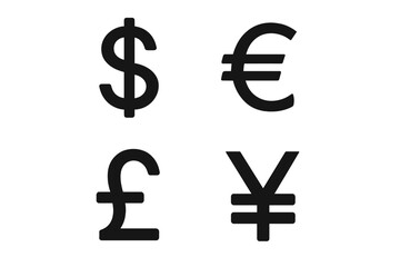 International currency symbol icon set. Main world money signs dollar, euro, pound, and yen. Finance and business concept. Black flat vector illustration isolated.