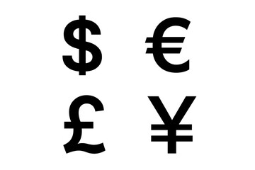 International currency symbol icon set. Main world money signs dollar, euro, pound, yen. Finance, economy, exchange, business concept. Vector element for design. Isolate.