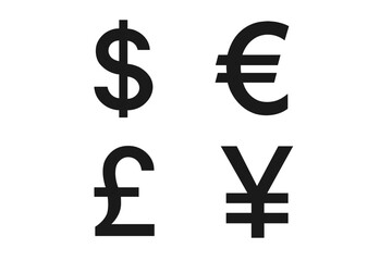 International currency symbol icon set. Main world currencies signs collection. Dollar, euro, pound and yen money signs. Finance, business and economy vector symbol pack.