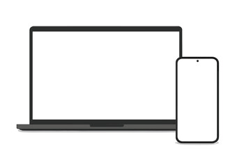 Laptop and smartphone mockup with blank white screen for UI, UX, app, and website design. Vector computer and mobile phone realistic template for product presentation.