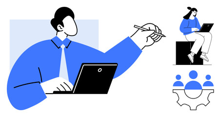 Team member using a laptop while collaborating, individual brainstorming, and group discussion. Ideal for team collaboration, business strategy, remote work, innovation, communication, leadership