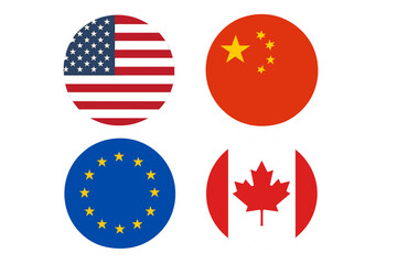 USA, China, EU, Canada flag icons. International trade war, import tariff conflict concept. Geopolitics, economic sanctions, global relations vector illustration set.