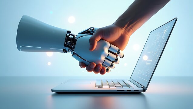 Human Handshake with Robot Hand Near Open Laptop, Innovation Concept, Artificial Intelligence and Collaboration, Human-AI partnership concept displayed in a handshake illustration