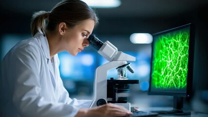 Female scientist laboratory using microscope and computer for research green cell structure, focused modern science, healthcare innovation, biology analysis, and medical discovery advanced laboratory